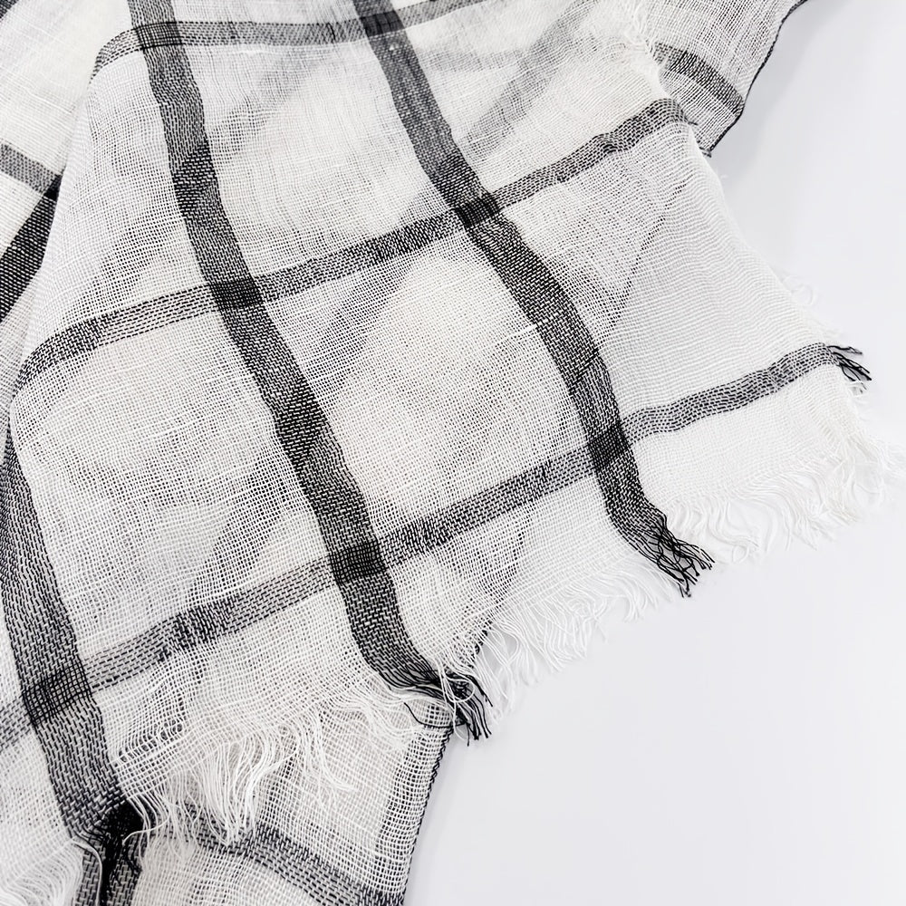 Plaid Linen Tassel Scarf Outdoor Sunscreen Head Wrap
