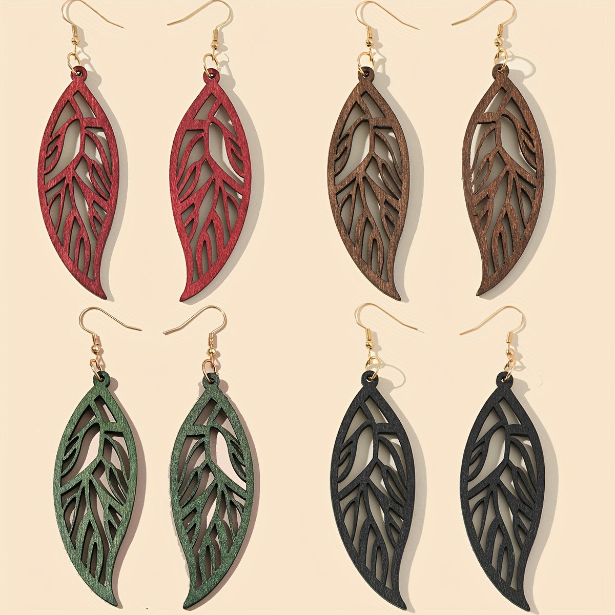 Hollow Leaf Dangle Earrings Bohemian Style Wooden Jewelry
