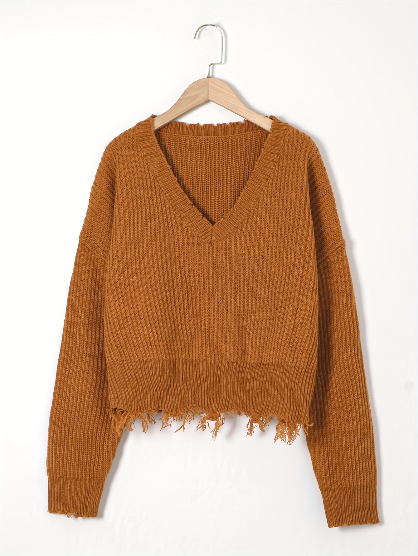  Solid Drop Shoulder V Neck Crop Sweater