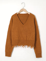  Solid Drop Shoulder V Neck Crop Sweater