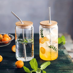 Clear Glass Cup With Bamboo Lid 12oz 20oz Can Beer Cup