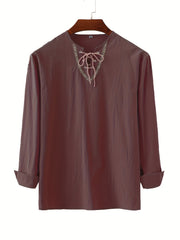 Men's Retro Casual Drawstring V Neck Long Sleeve Shirt