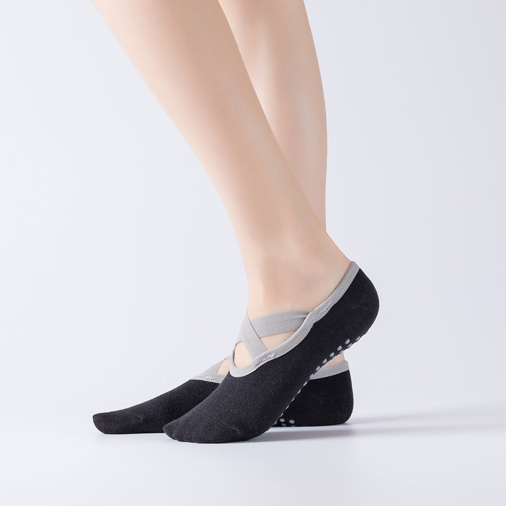 Cross Lace Yoga Socks with Non Slip Towel Bottom - Grip Enhancing