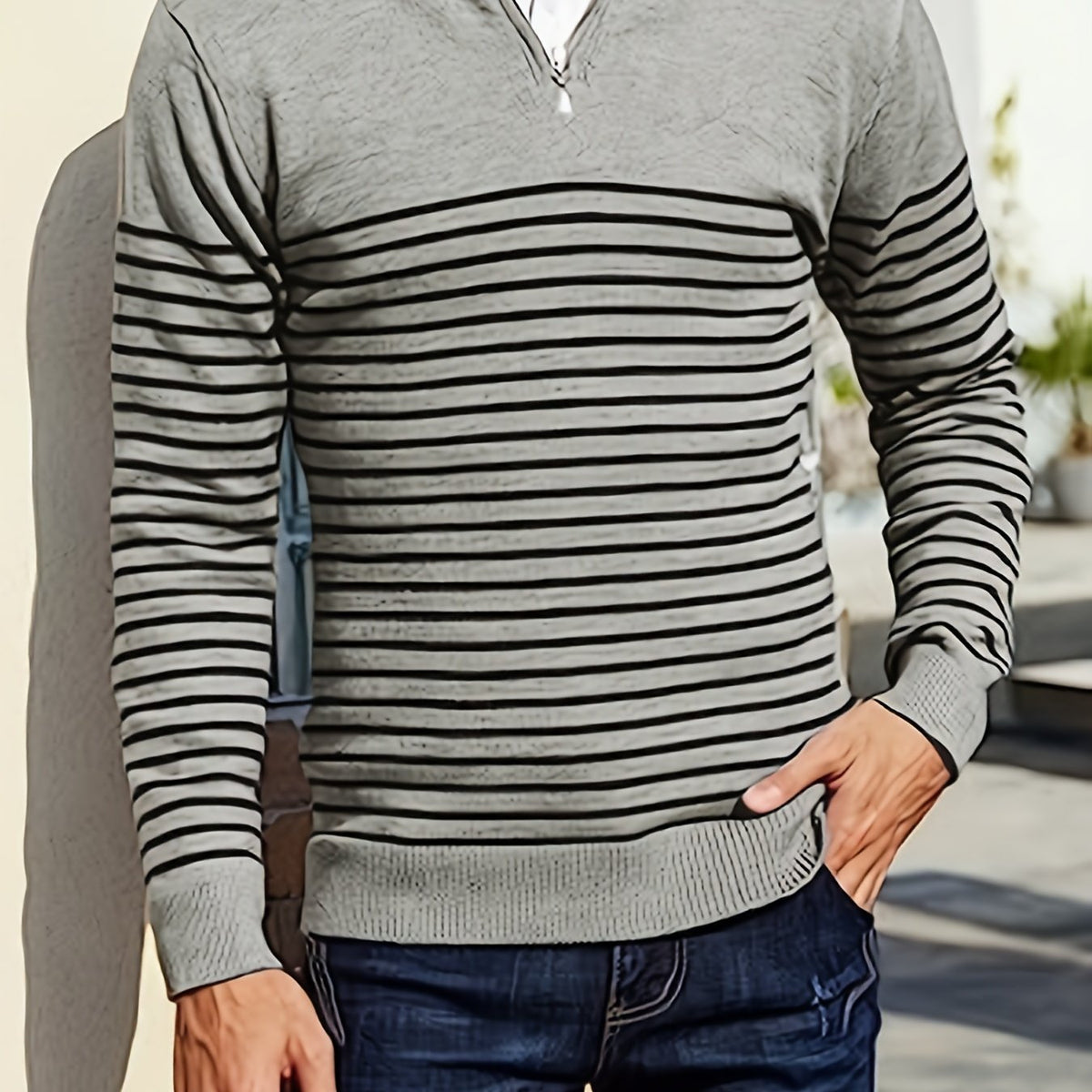 Striped Polo Shirt V Neck Pullover Sweater Men