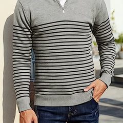 Striped Polo Shirt V Neck Pullover Sweater Men