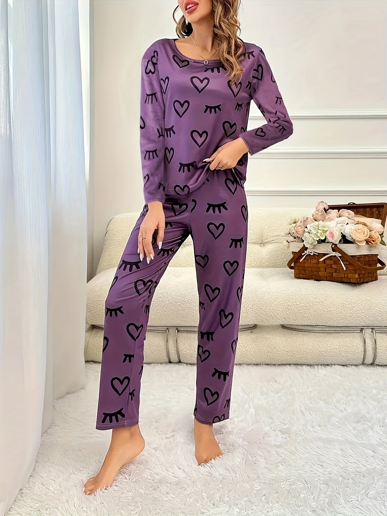 Heart & Eyelash Print Pajama Set Long Sleeve Top & Lounge Pants