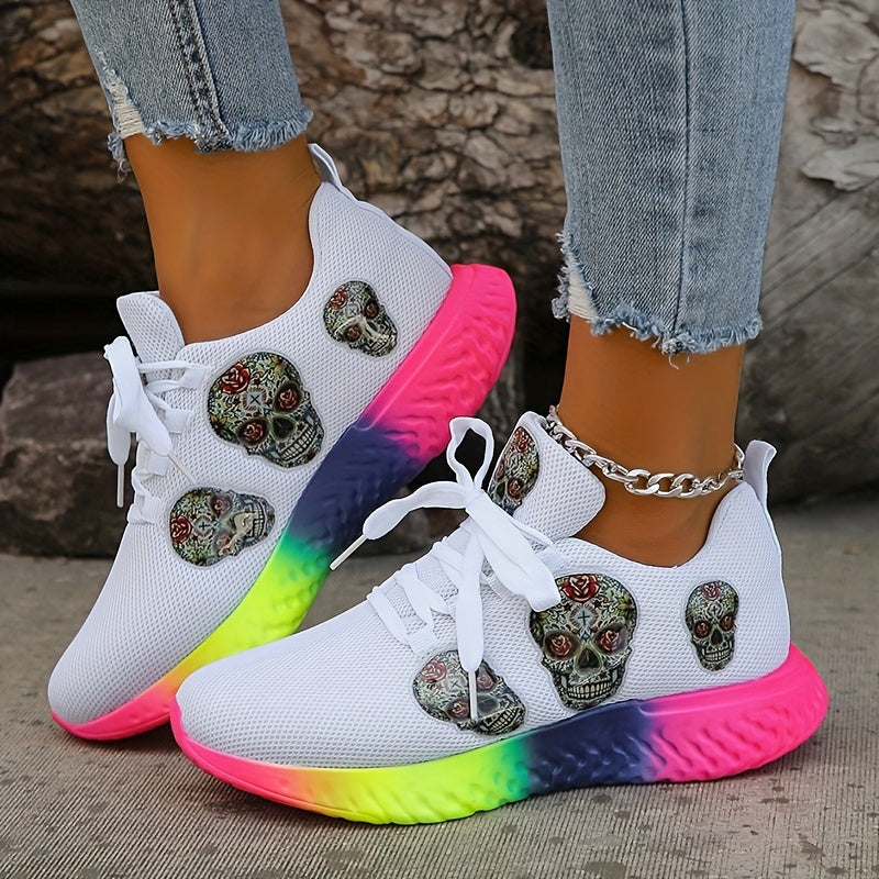 Women's Skull Pattern Sneakers Lace Up Low Top Mesh Shoes