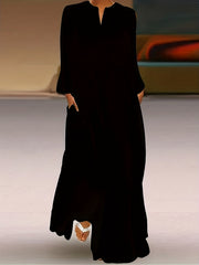  Solid Long Sleeve Notched Neck Dress