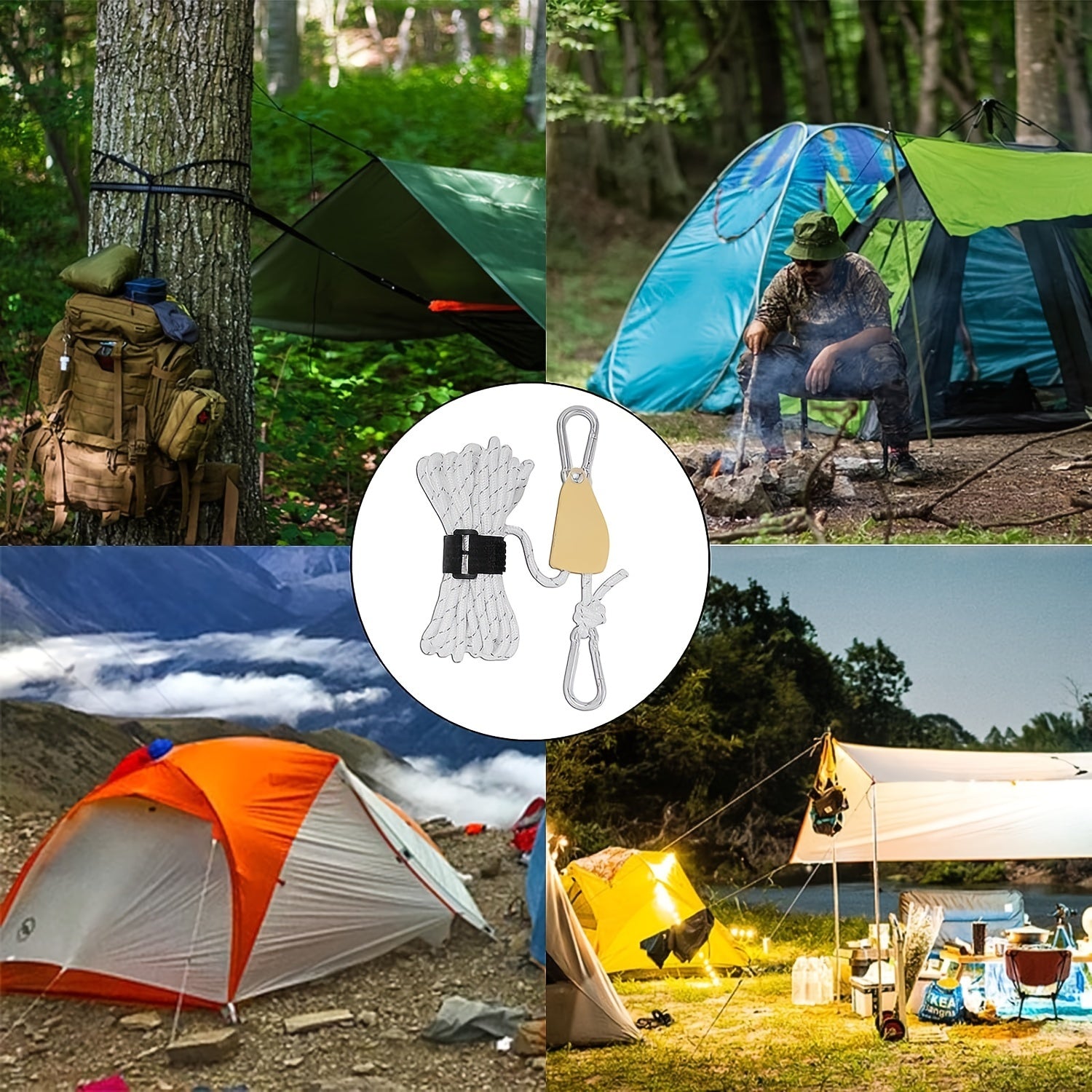 5M Reflective Camping Rope with Pulley, Reusable Tent Tie Down Rope