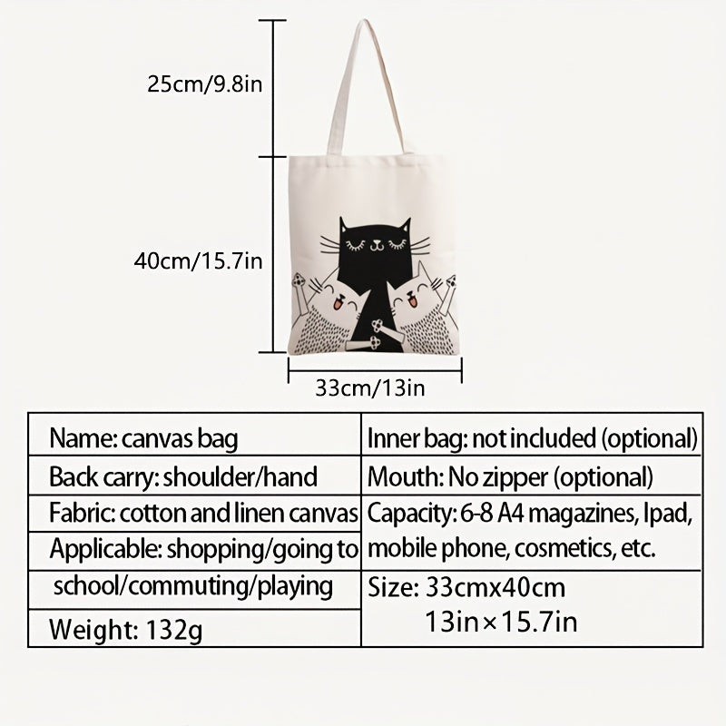 Cat Printed Canvas Handbag One Shoulder Men's Beach Bag Shopping Bag