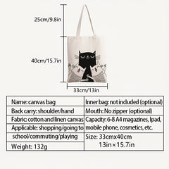 Cat Printed Canvas Handbag One Shoulder Men's Beach Bag Shopping Bag