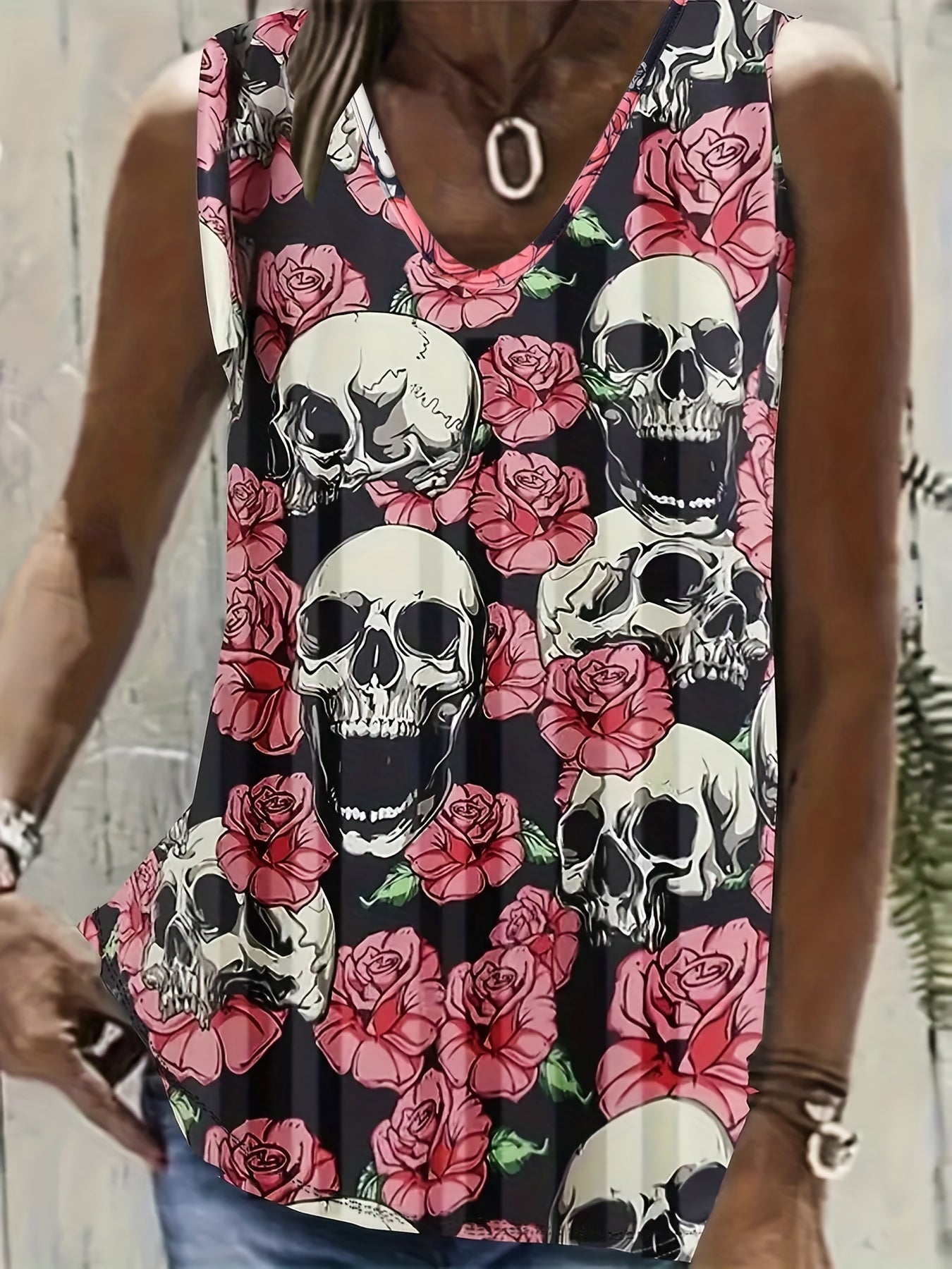  Rose Print Tank Top Women's Round Neck Slight Stretch