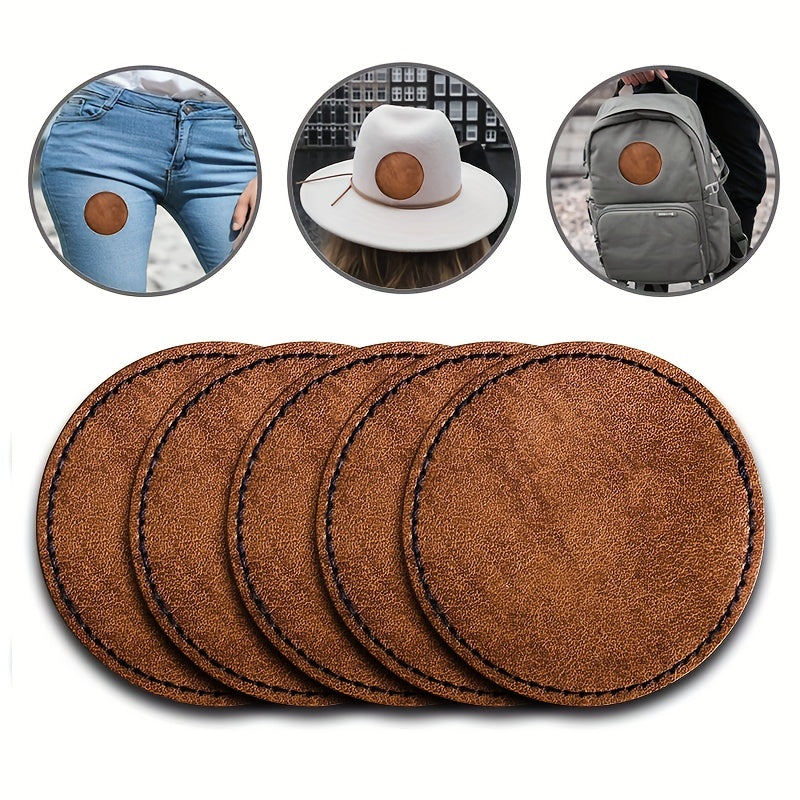 5pcs Antique Ribbon Laserable Faux Leather Round Patches with Hot Melt Adhesive