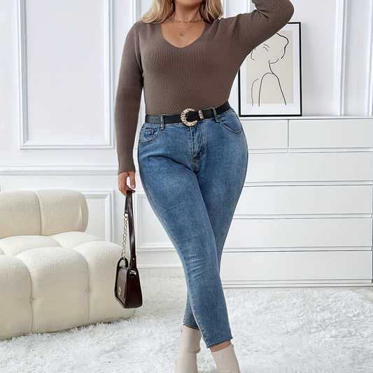  V Neck Ribbed Sweater Long Sleeve Top
