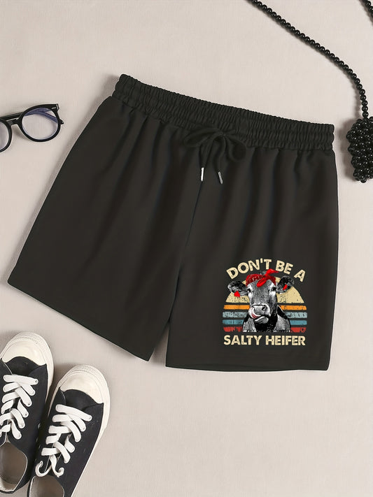 Women's Plus Cow & Slogan Print Sporty Pajama Shorts