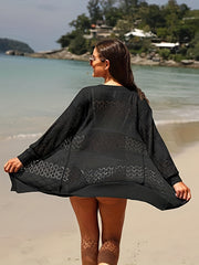 Women's Plus Open Front Cardigan Solid Hollow Out Long Sleeve