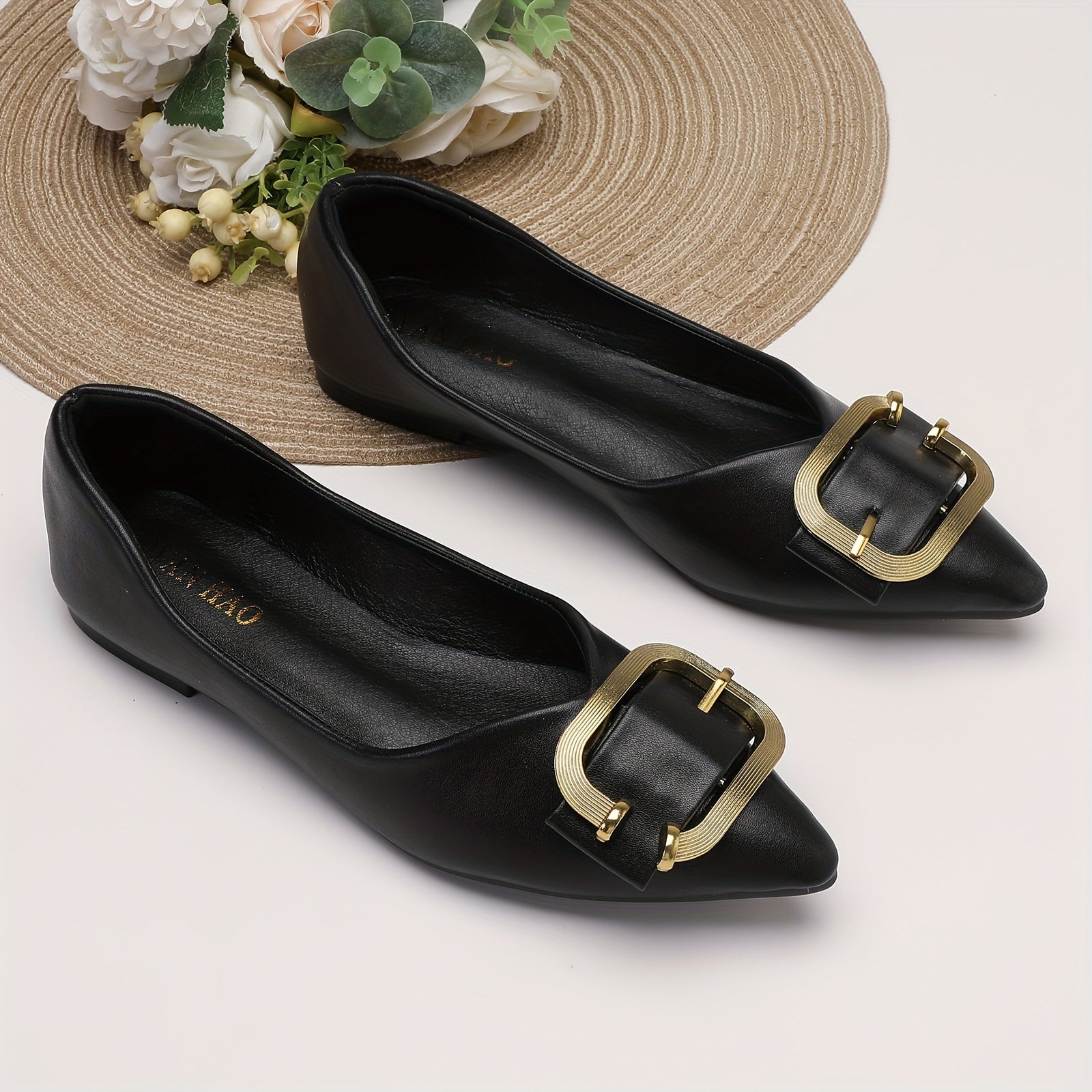 Buckle Decor Ballet Flats Pointed Toe Slip On Work Shoes
