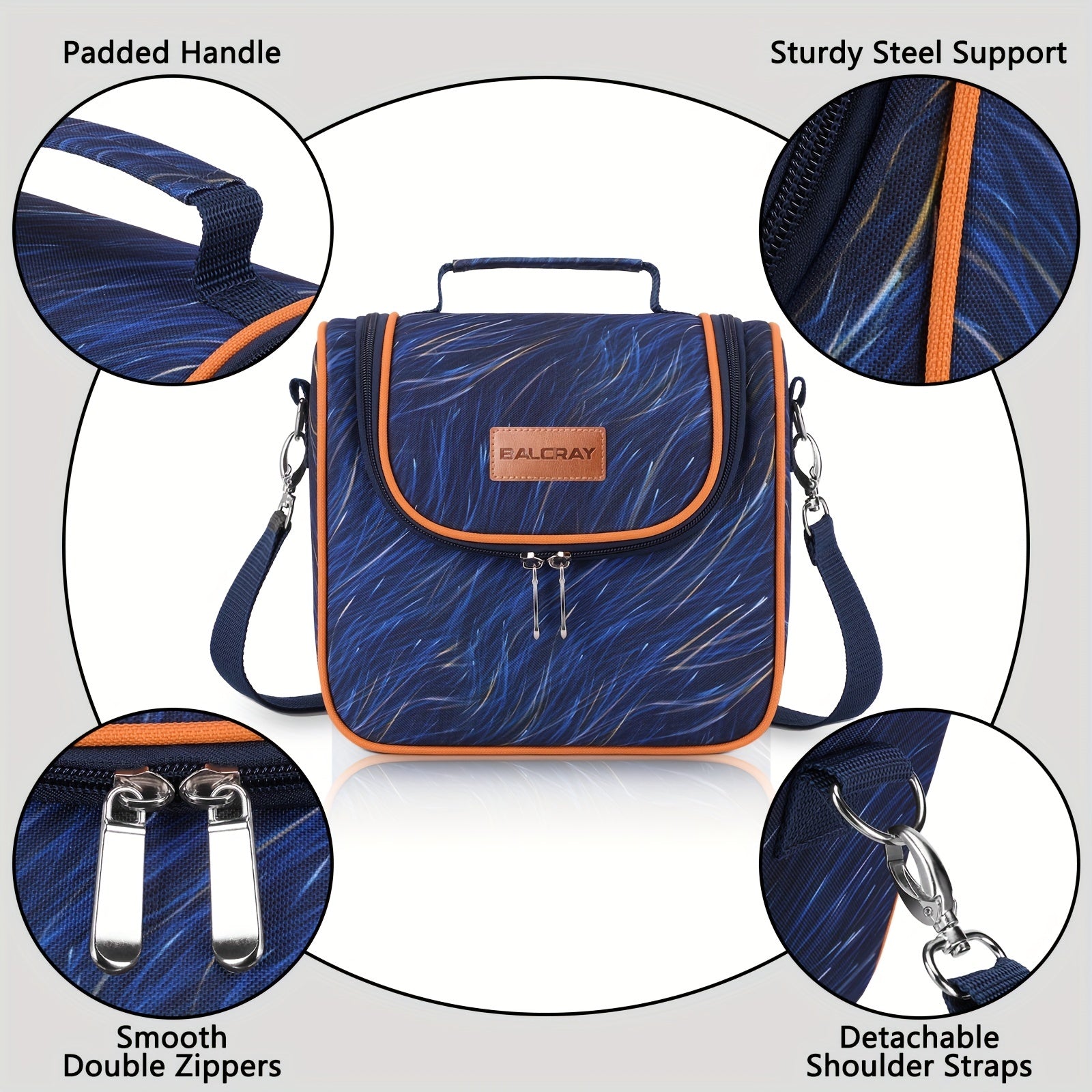 Stylish Insulated Lunch Bag with Hook & Loop Fastener Zipper & Shoulder Strap