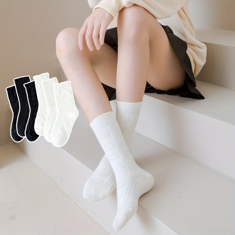 6 Pairs Women's Textured Mid Tube Socks Stockings