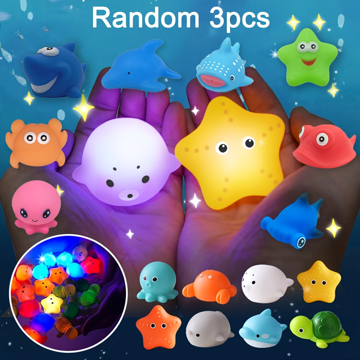 Light Up Sea Animals Set Glitter Colorful Bath Toys - 8pcs