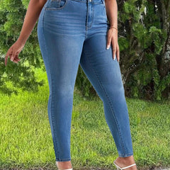  Solid Button Fly Skinny High Stretch Washed Jeans