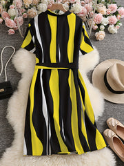 Plus Stripe Print Short Sleeve V Neck Knee Length Dress With Belt