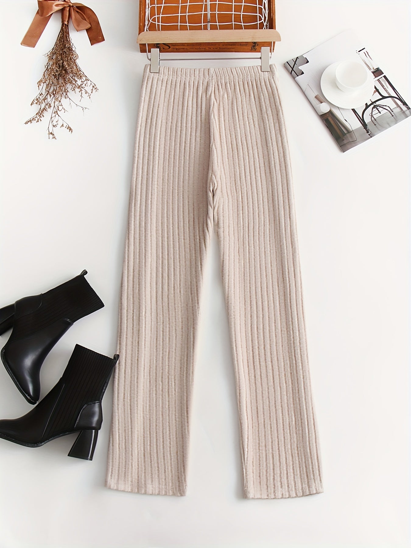  Women's Solid Ribbed High Rise Casual Pants