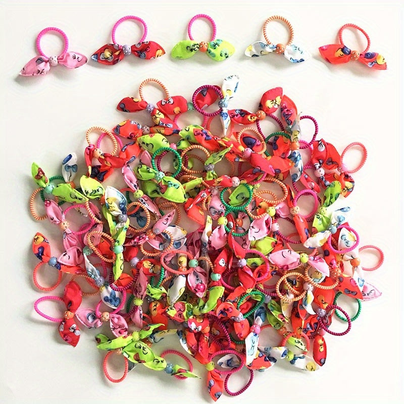 100pc Colourful Rabbit Ear Hair Bands Elastic Mixed Print Bowknot Hair Ropes