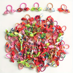 100pc Colourful Rabbit Ear Hair Bands Elastic Mixed Print Bowknot Hair Ropes