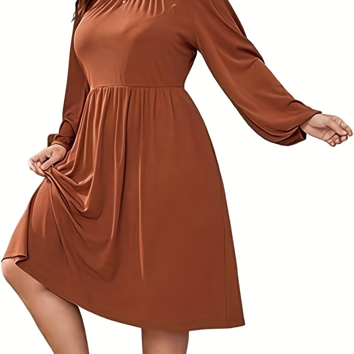  Ruched Lantern Sleeve Round Neck Dress