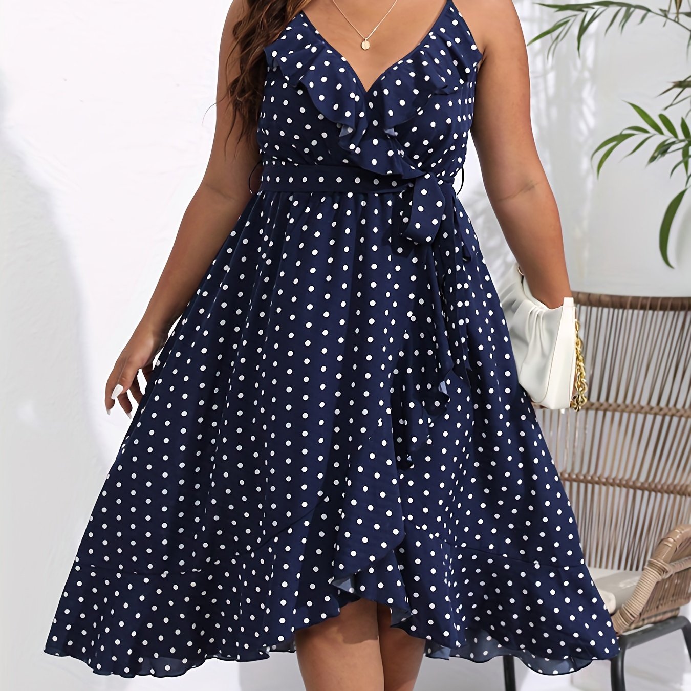  Polka Dot Ruffle V Neck Cami Dress