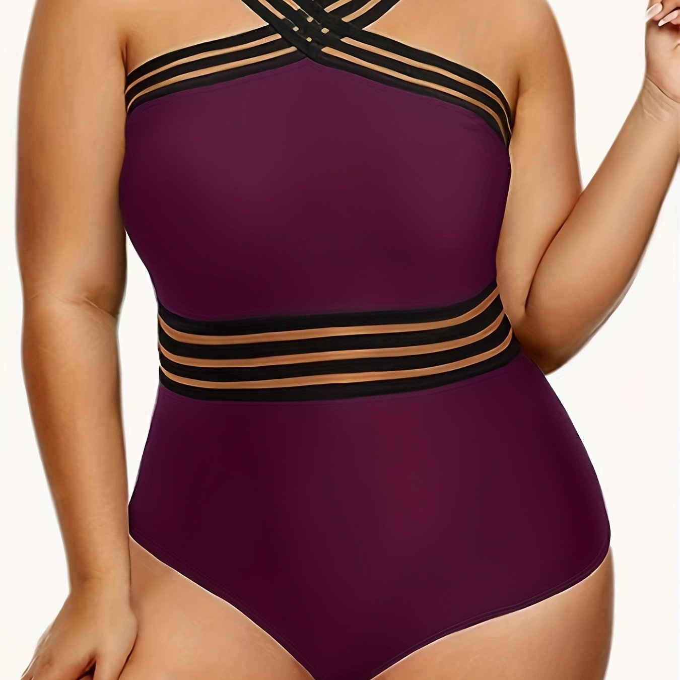Plus Mesh Insert Halter One Piece Swimsuit
