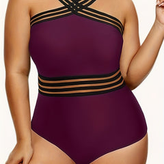 Plus Mesh Insert Halter One Piece Swimsuit