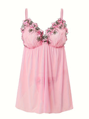 Floral Applique Mesh Nightgown Set