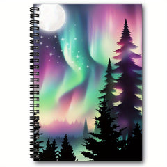Aurora Borealis Spiral Notebook - 100 Pages - Northern Lights & Pine Trees