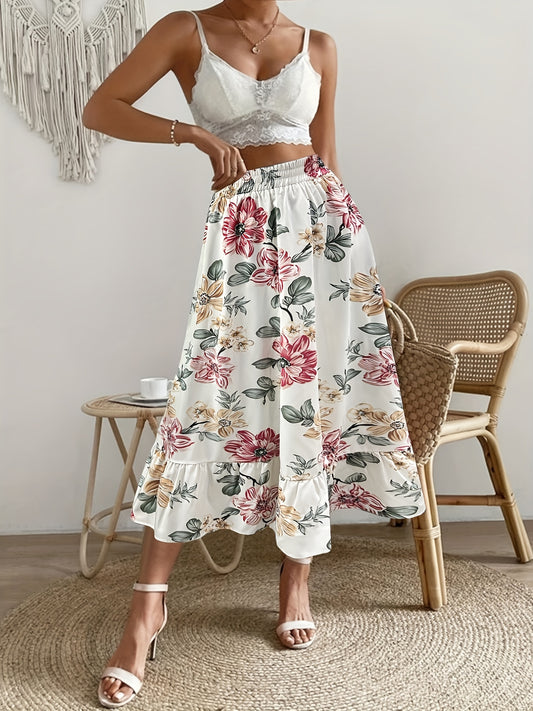 Vintage Floral Print Skirts Elastic Waist Ruffle Trim Summer Skirts