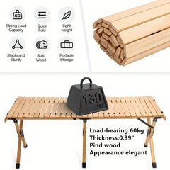 Portable Folding Wood Table Widened Solid Wood Tabletop for Camping BBQ Picnic