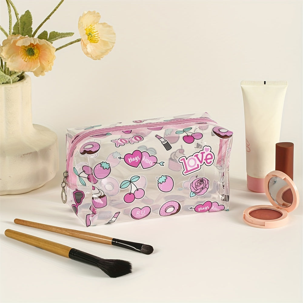 Heart Donut Pattern Makeup Bag PVC Waterproof Roomy Zipper Makeup Pouch