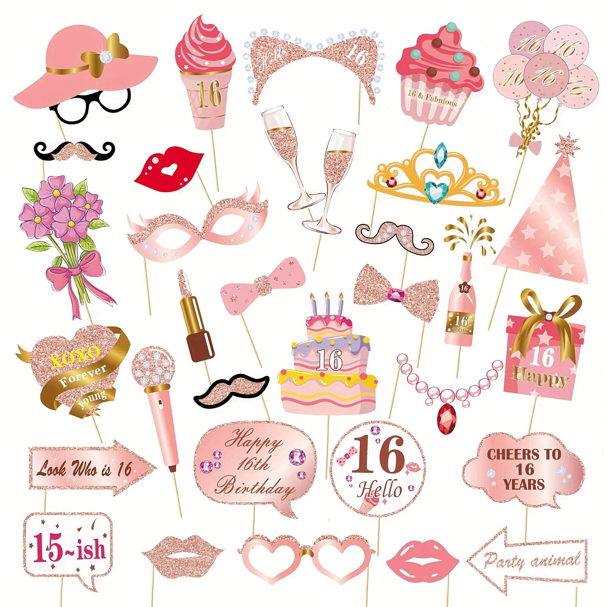 33pcs Rose Gold 13-60 Years Old Birthday Photo Props Pink Party Decorations