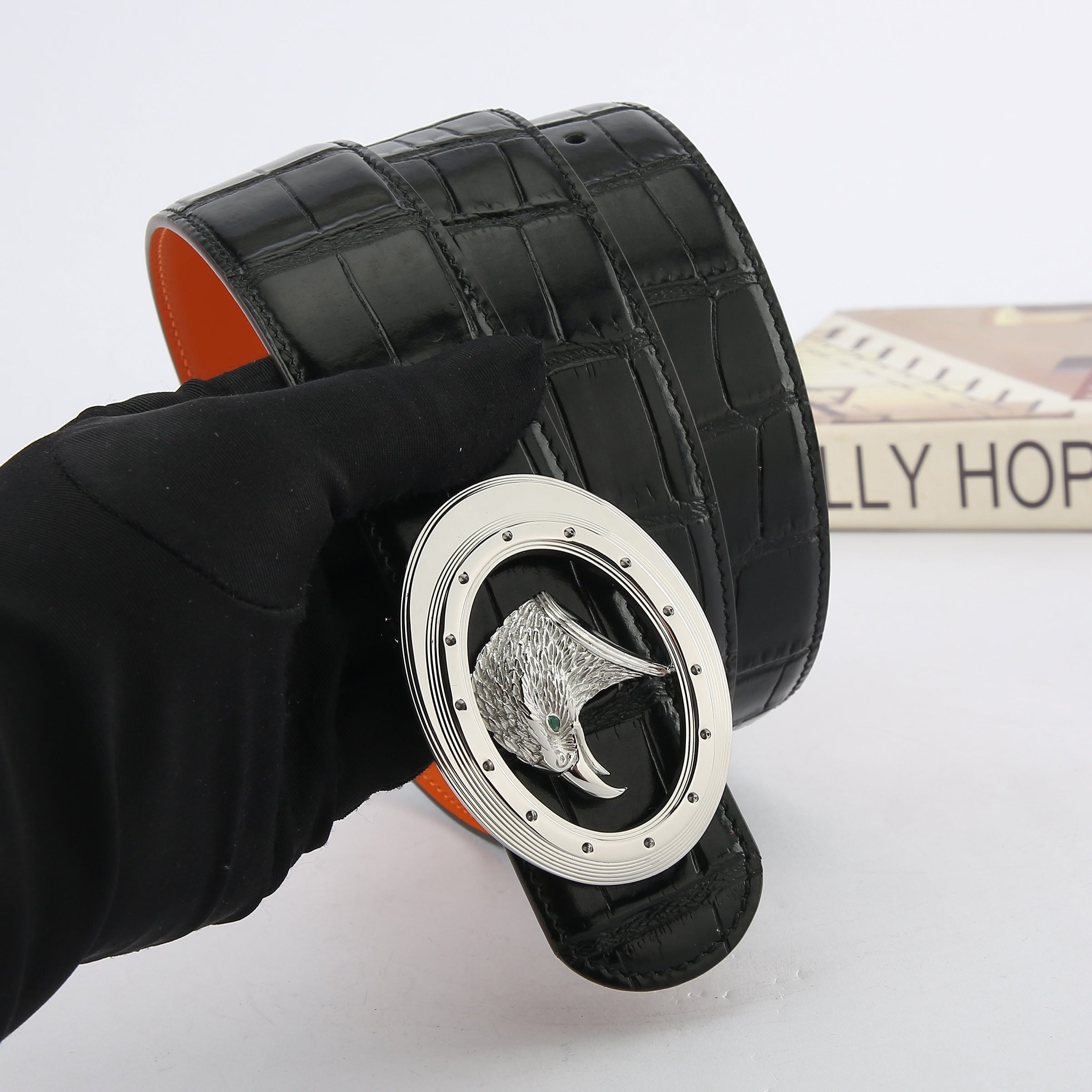 Cowhide Stainless Steel Eagle Head Buckle Crocodile Pattern Leather Belt