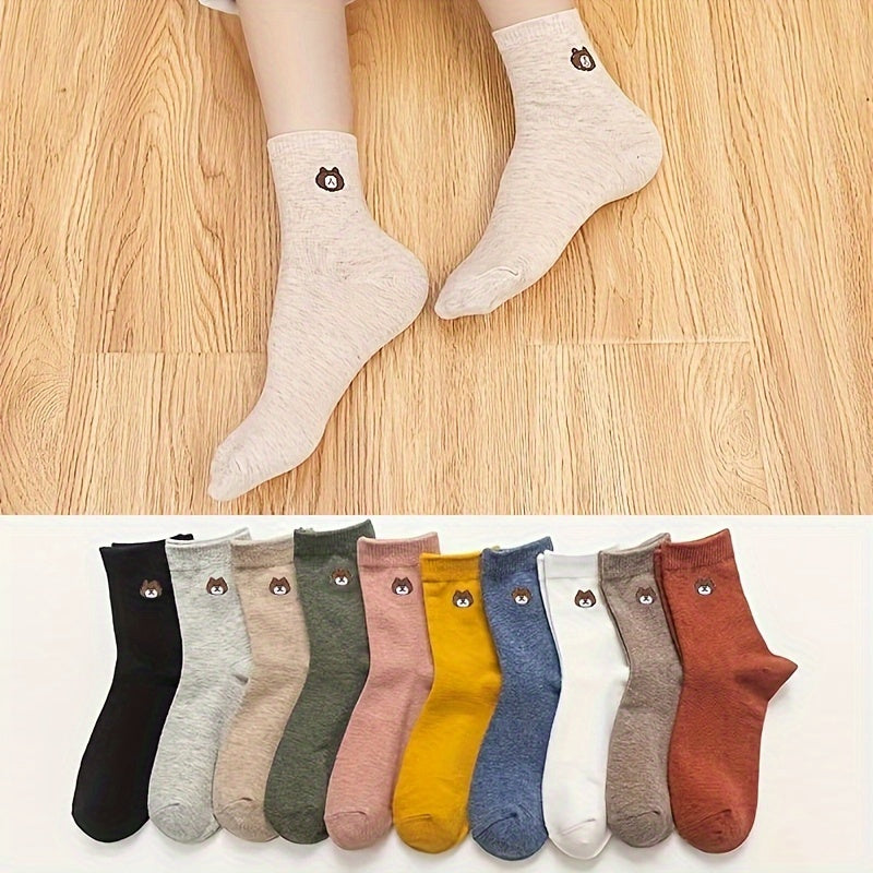 10 Pairs Cartoon Bear Print Breathable Mid Tube Socks Women's Stockings