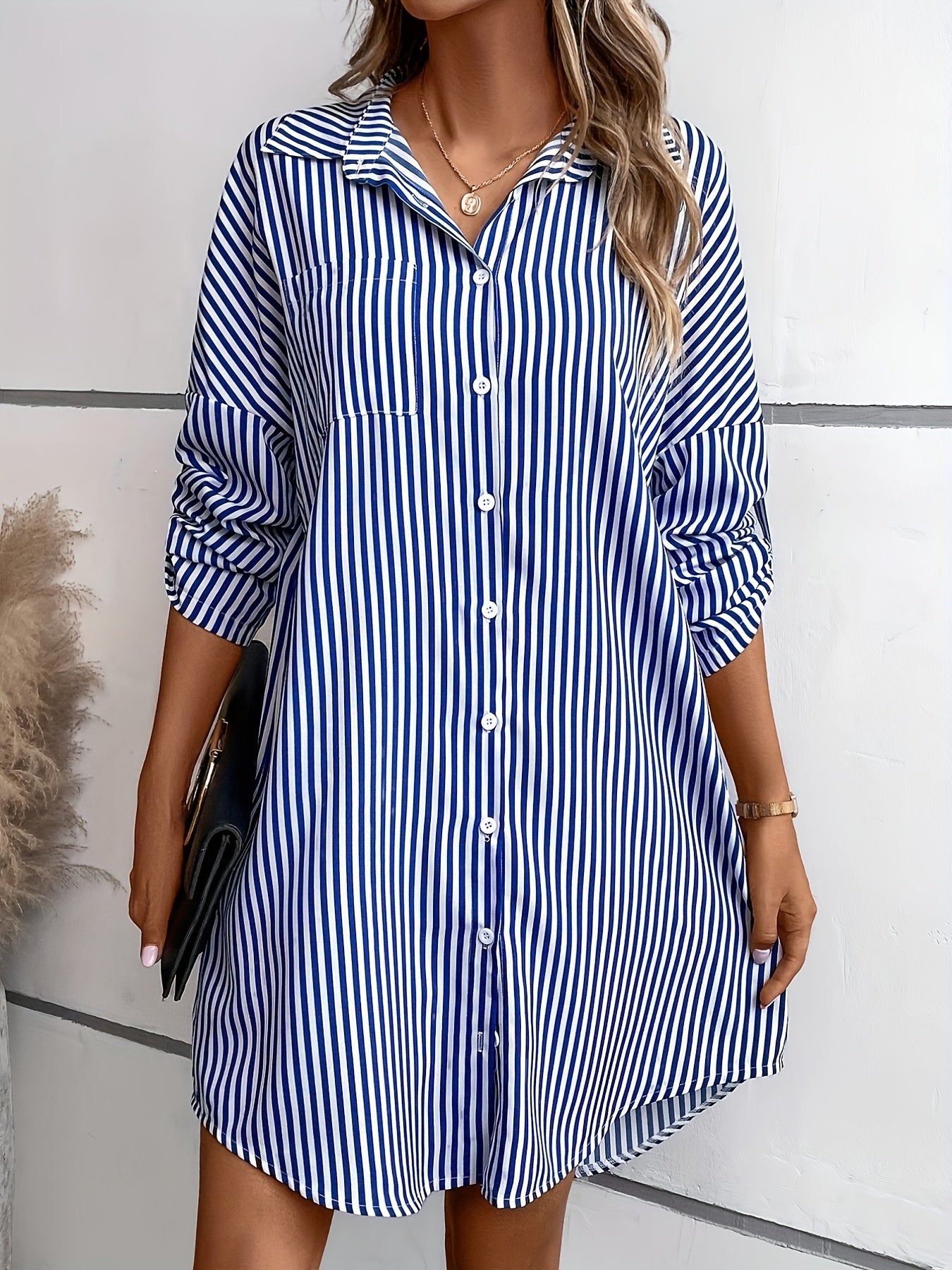  Casual Dress Women's Plus Stripe Print Drop Shoulder Long Sleeve