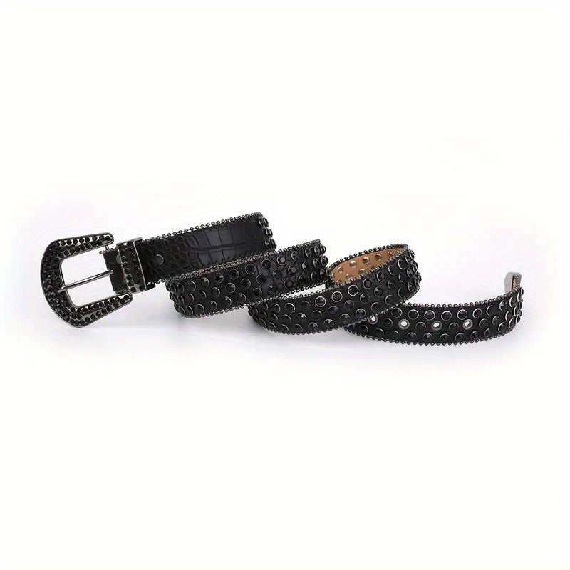 Crocodile Pattern Rhinestone Belt Sparkling Vintage PU Leather Waistband