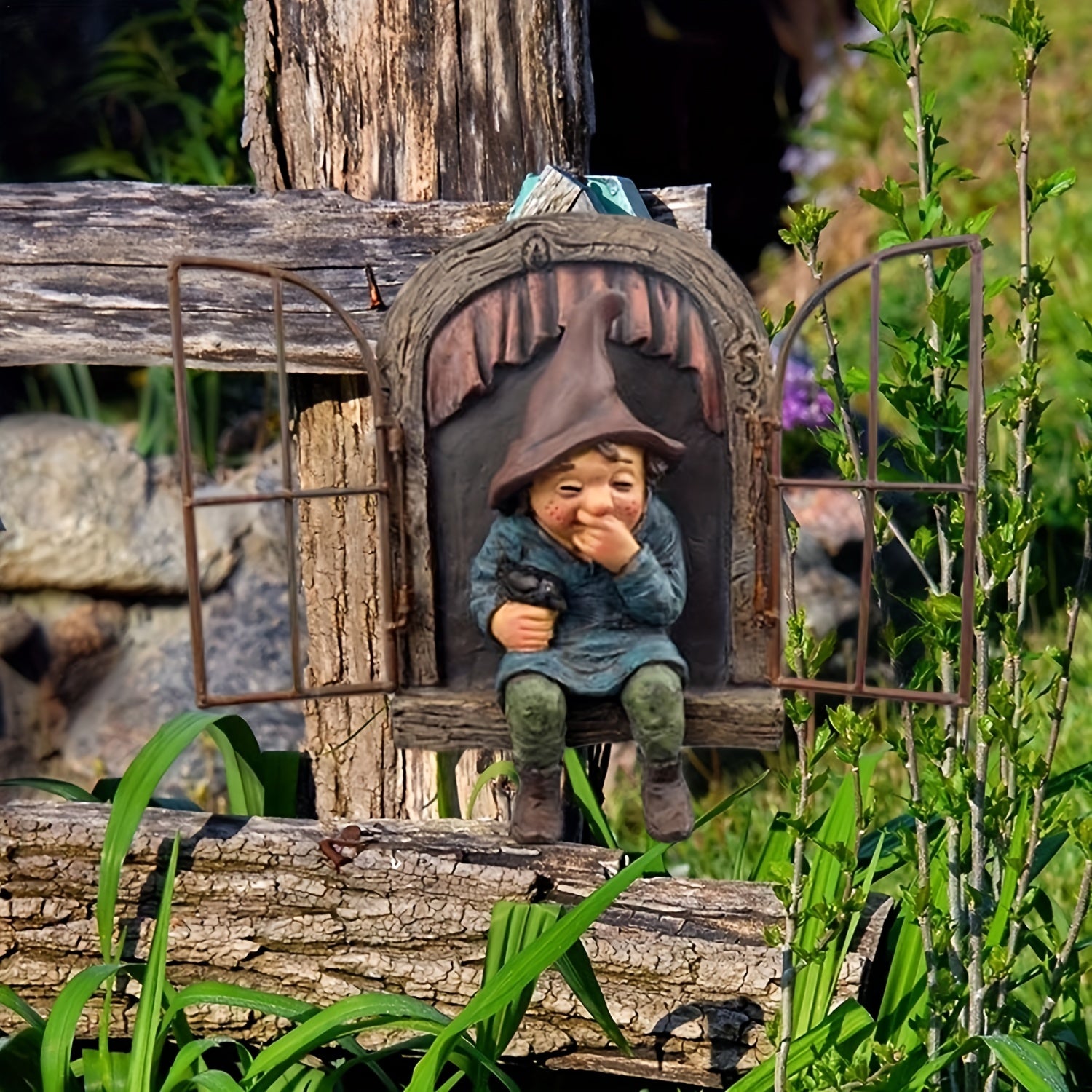 Garden Gnome Statue Elf Window Gnome Figurine Outdoor Patio Balcony Decor
