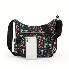 Fashionable Crossbody Handbag Floral & Mushroom Prints Adjustable Strap