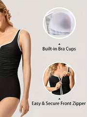 Sporty Plus Size Swimsuit Zipper Front Ruched One Piece Bathing Suit
