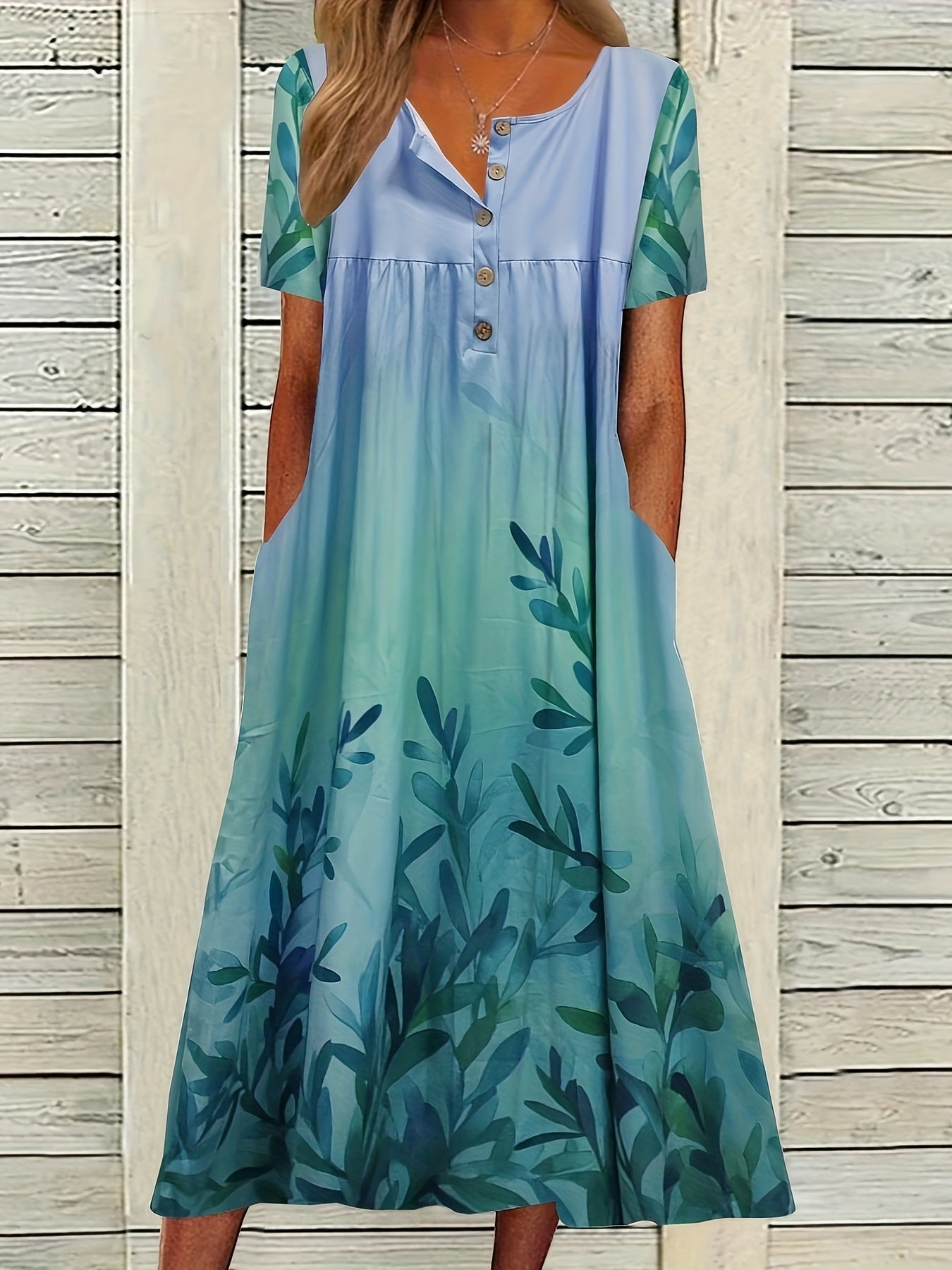 Women's Plus Ombre Floral Print Button Up Short Sleeve V Neck Maxi Dress