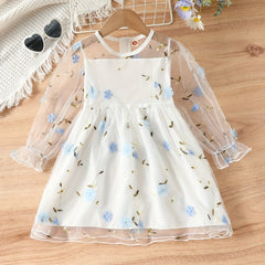 Girls Long Sleeve Flower Mesh Dress Sweet Princess Summer