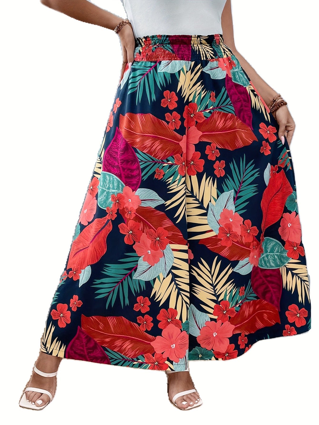  Tropical Print Wide Leg Trousers