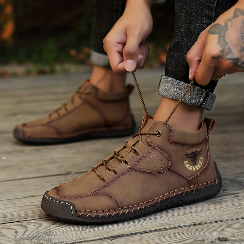 Men's Leather Stitch Ankle Boots Lace Up Outdoor Wear Resistant Non Slip